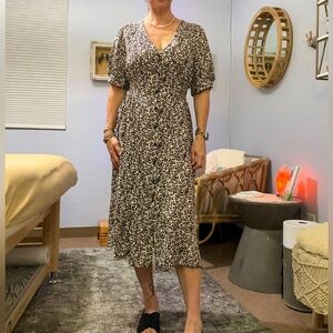 ASOS v neck ruched waist fit and flare cheetah print midi viscose dress US 12